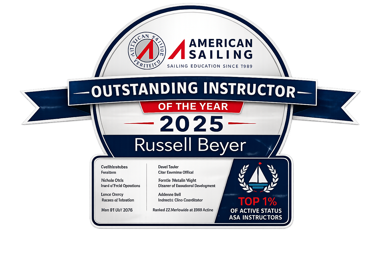 Captain Russ Beyer 2025 American Sailing Outstanding Instructor badge recognizing the top 1 percent of active-status ASA instructors