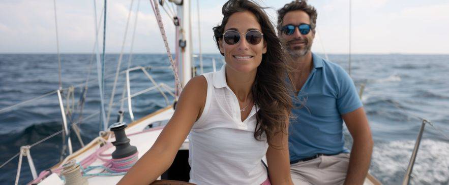 Smiling couple sailing together after completing their ASA 104 certification