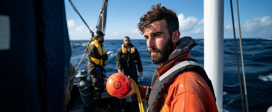 Sailor performing man overboard drill with rescue buoy during safety drills for sailors at sea