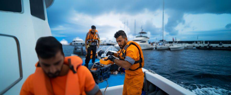 safety drills for sailors, Crew conducting safety equipment checks during regular maintenance for sailors at marina