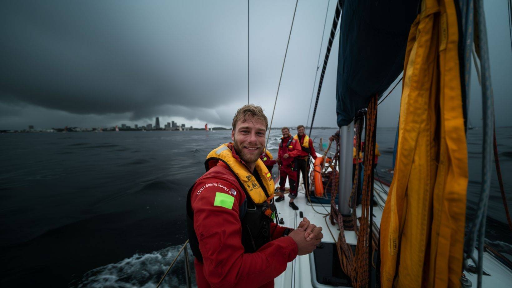Sailors practicing safety drills on sailboat near Miami during overcast weather, wearing life jackets and storm gear