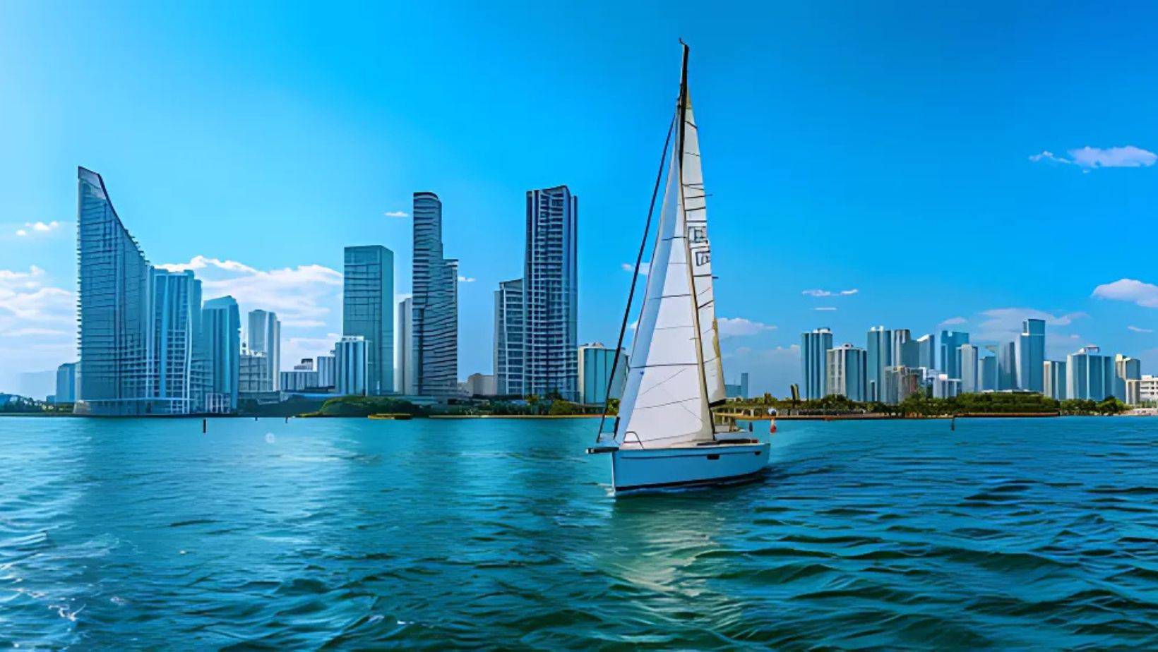 Sailboat navigating Biscayne Bay with Miami skyline in the background on a clear day – ASA 102 sailing training scene
