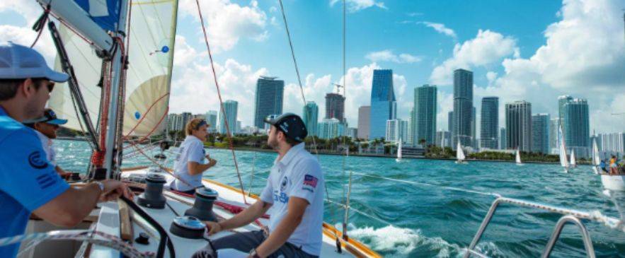 ASA 102 sailing students practicing boat handling in Biscayne Bay with downtown Miami skyline