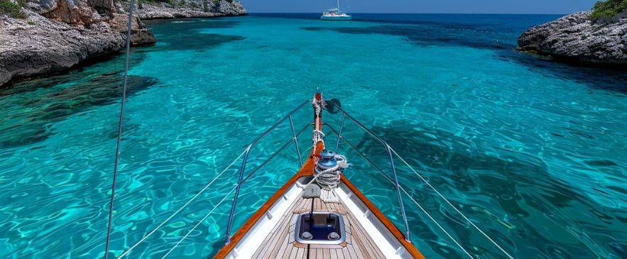 Sailing Internationally Bow of a sailboat entering a secluded turquoise cove in the Mediterranean – Europe licensing