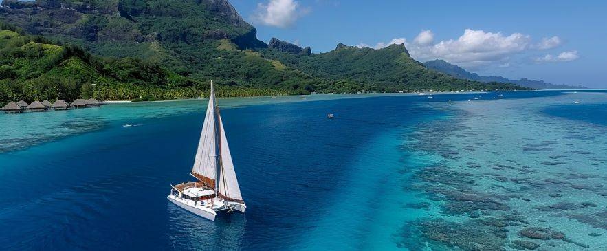Sailing Internationally Catamaran sailing over vivid lagoon reefs beneath towering volcanic peaks – French Polynesia check ride culture