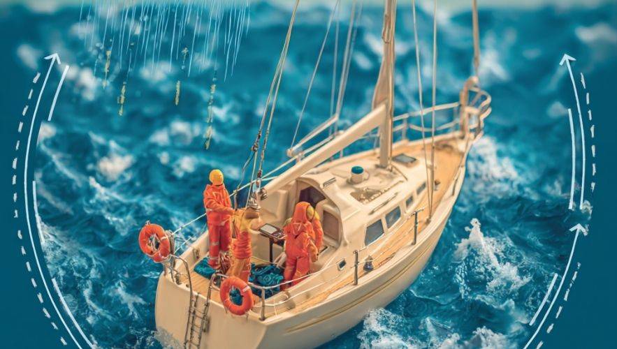 Sailing in Storm Season . Sailboat crew practicing storm safety procedures at sea — developing a sailing emergency preparedness plan, Miami Sailing School ™.