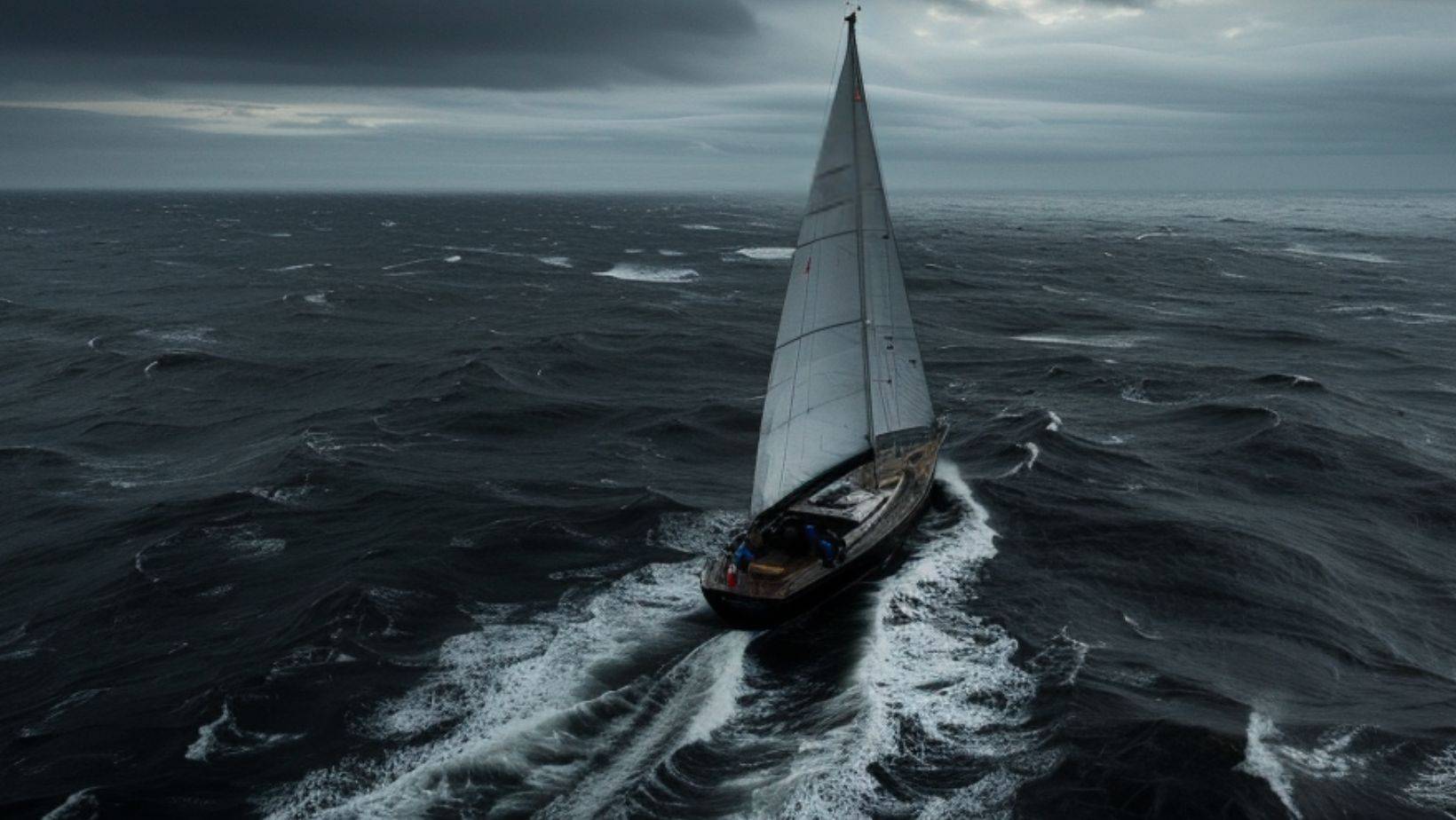 Sailing in storm season – yacht navigating rough seas during stormy weather, illustrating safety, precautions, and emergency planning from Miami Sailing School ™.