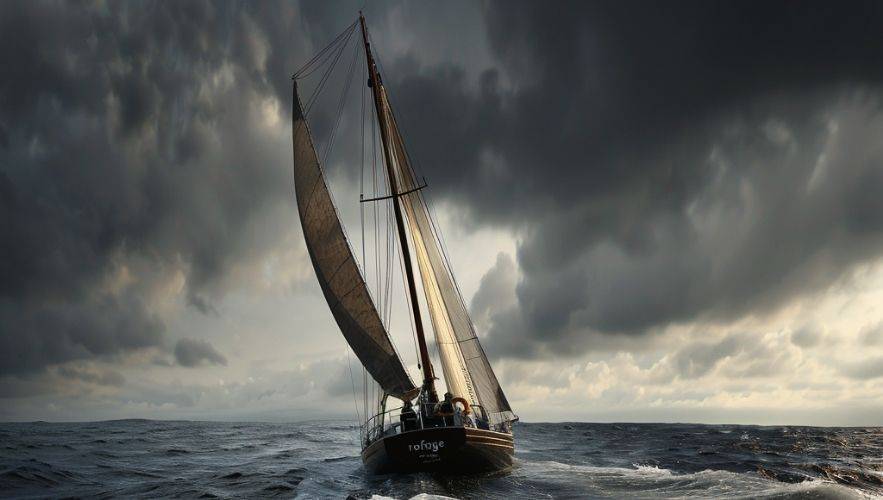 Sailing in Storm Season.Sailboat navigating dark storm clouds over the ocean — understanding storm season in Miami with Miami Sailing School ™.