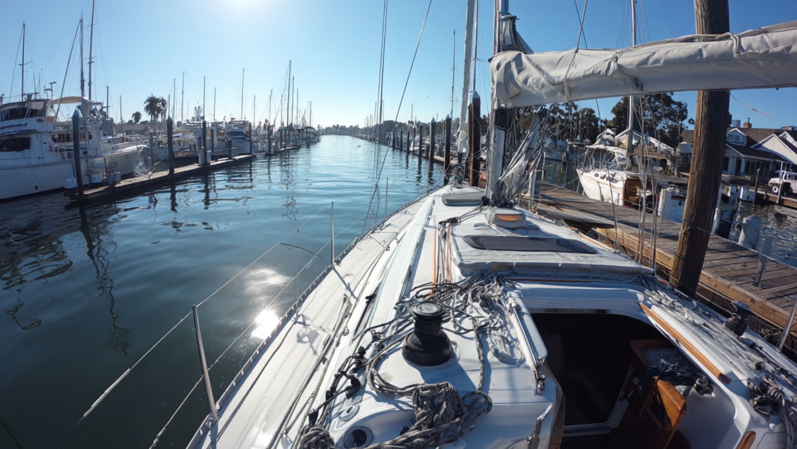 Sailboat prepared for docking and mooring techniques at a marina, showing proper sailboat docking setup with lines, winch, and clear approach.