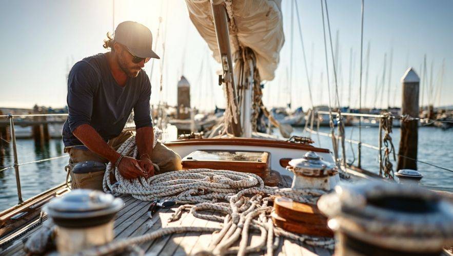 Sailing Repair Tips. Clean repair store sails and lines process showing rope inspection and line care on a sailboat