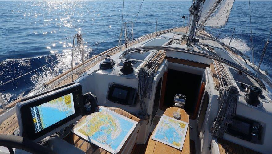 Sailing navigation basics lesson using charts and GPS aboard a cruising sailboat at sea