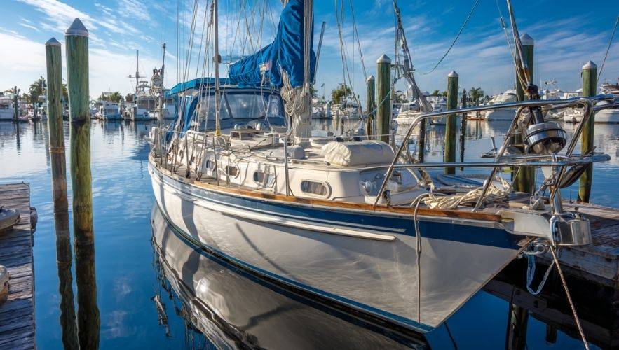 Seasonal sailboat maintenance example of a properly serviced sailboat docked at a marina