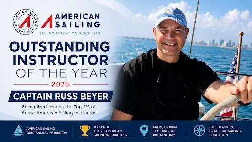 Captain Russ Beyer recognized as a 2025 American Sailing Outstanding Instructor while teaching sailing students in Biscayne Bay