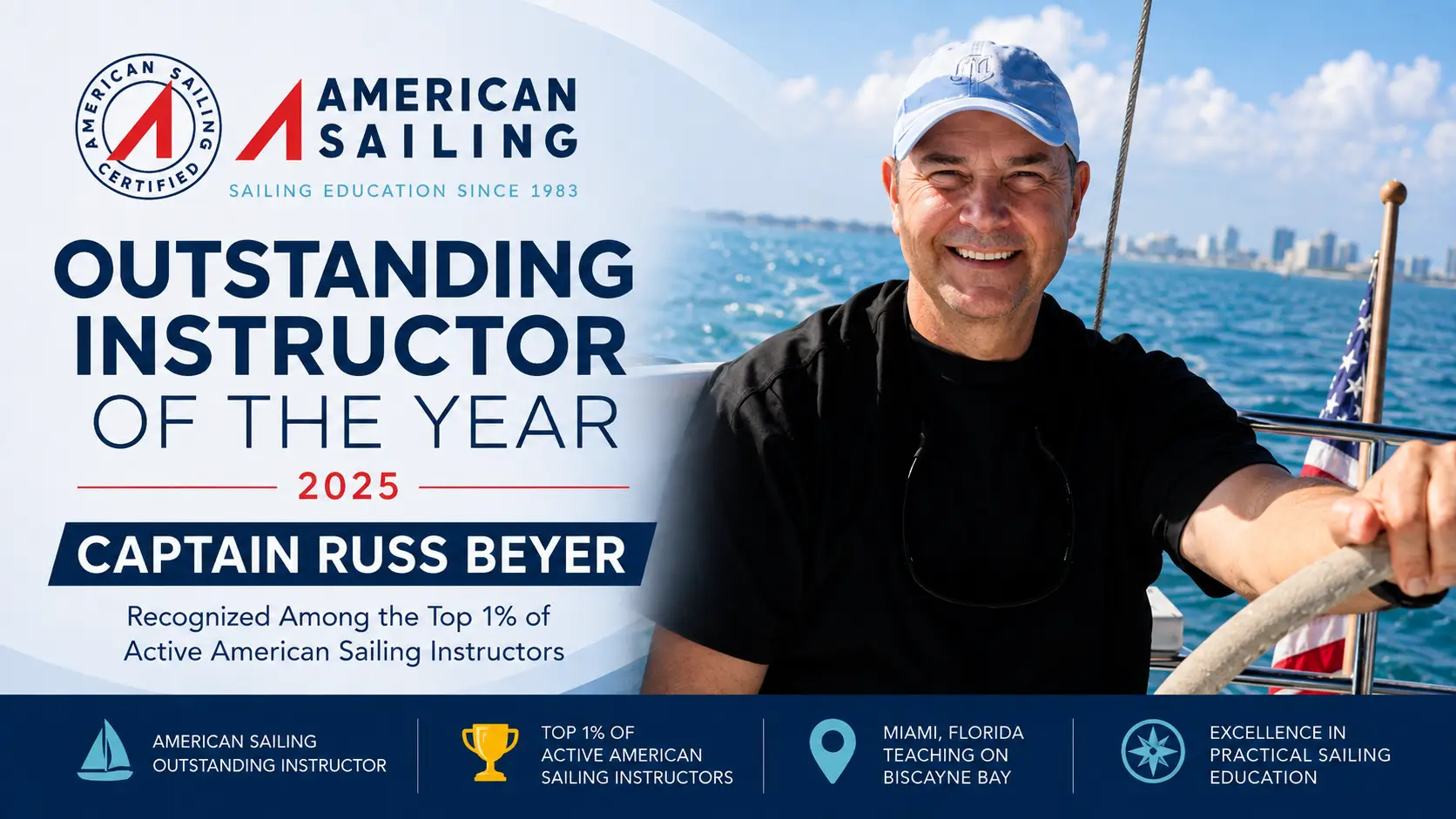 Captain Russ Beyer 2025 American Sailing Outstanding Instructor on Biscayne Bay in Miami Florida