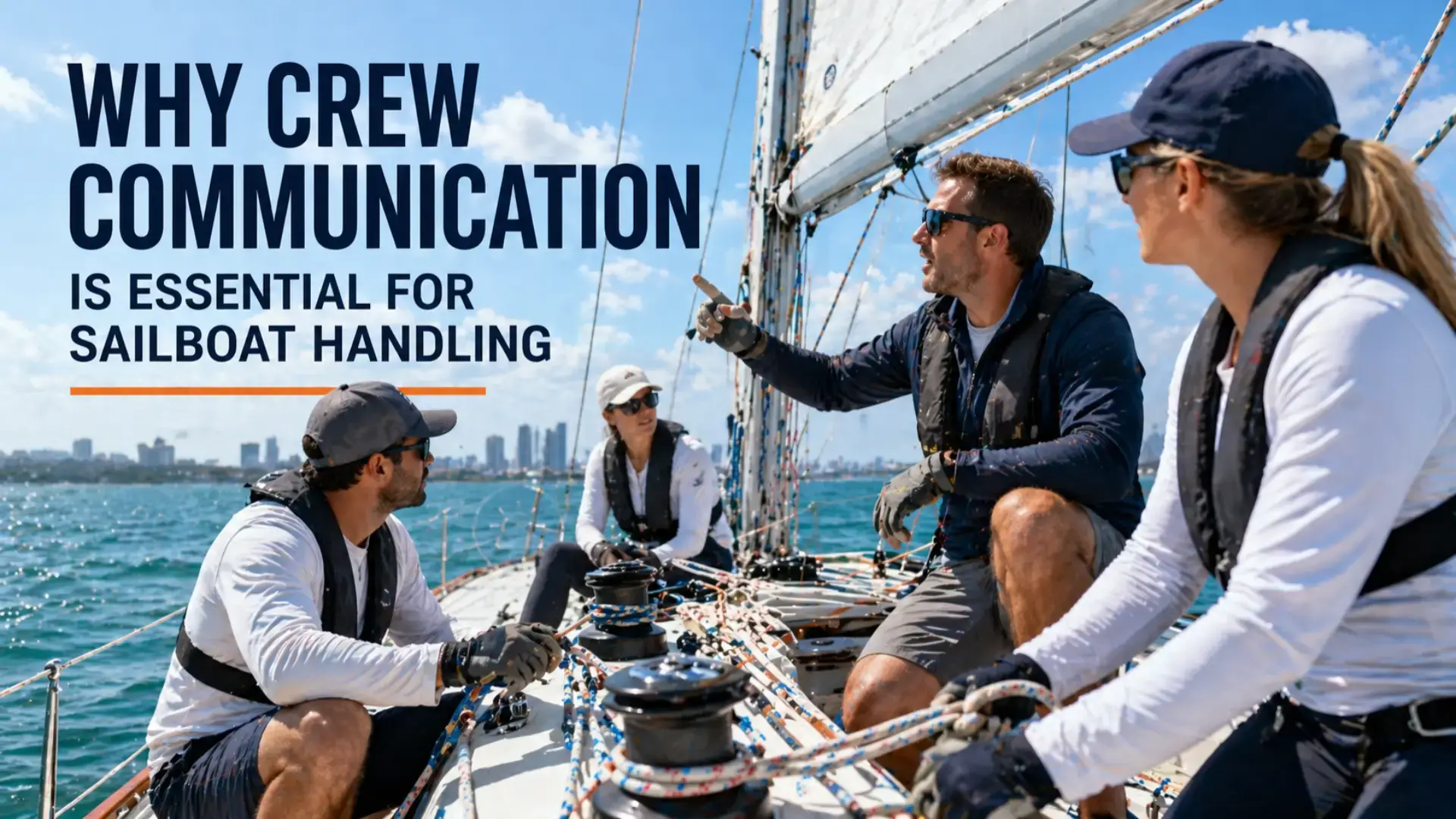 Crew communication sailing team coordinating on sailboat